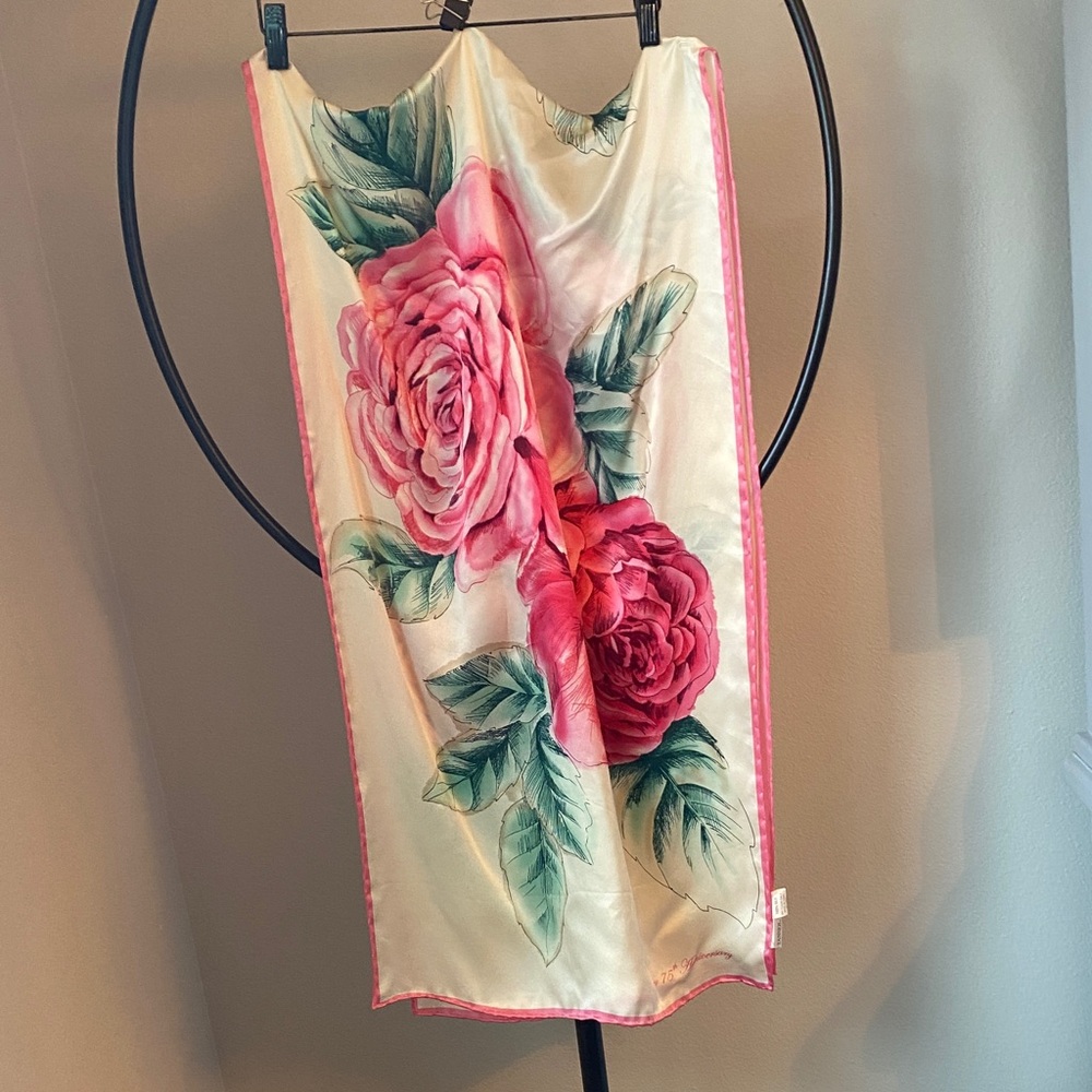 Tanner Floral Pink Rose Silk Scarf - 75th Anniversary 65”